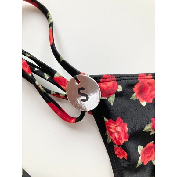 NWT FOREVER 21 Black Red Rose Floral Print Triangle Bikini Top, Size S - Picture 5 of 9